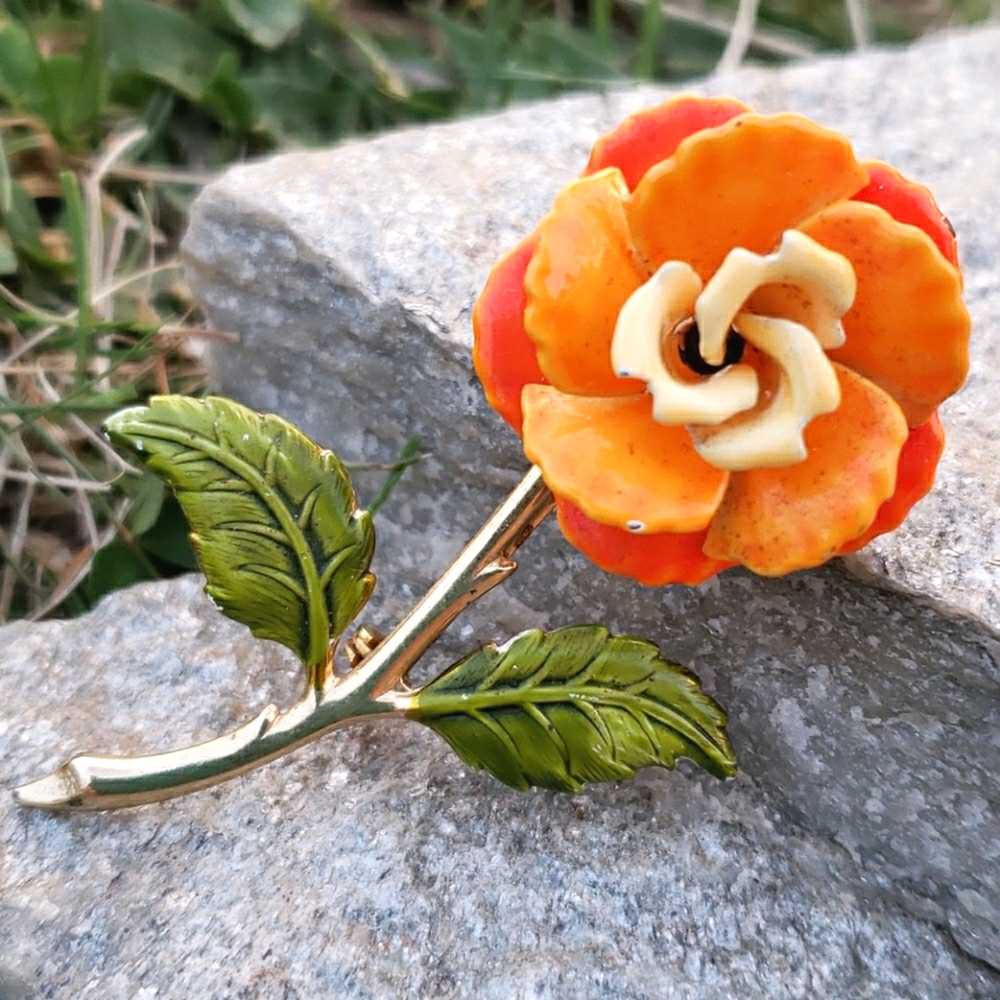 Vtg Vibrant Orange Green Enamel 3D Flower Brooch